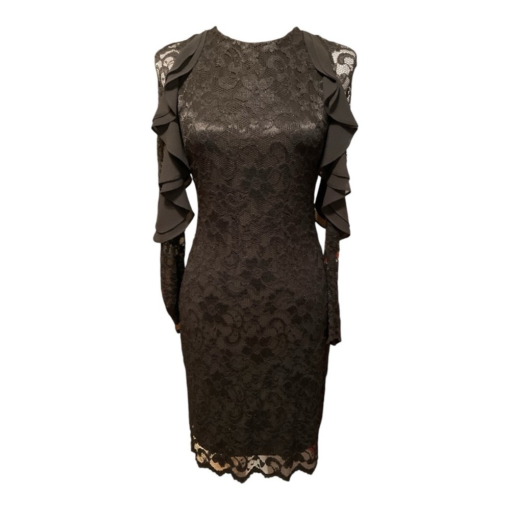 Belle Badgley Mischka Sheath Dress Black Floral Lace Size 2‎